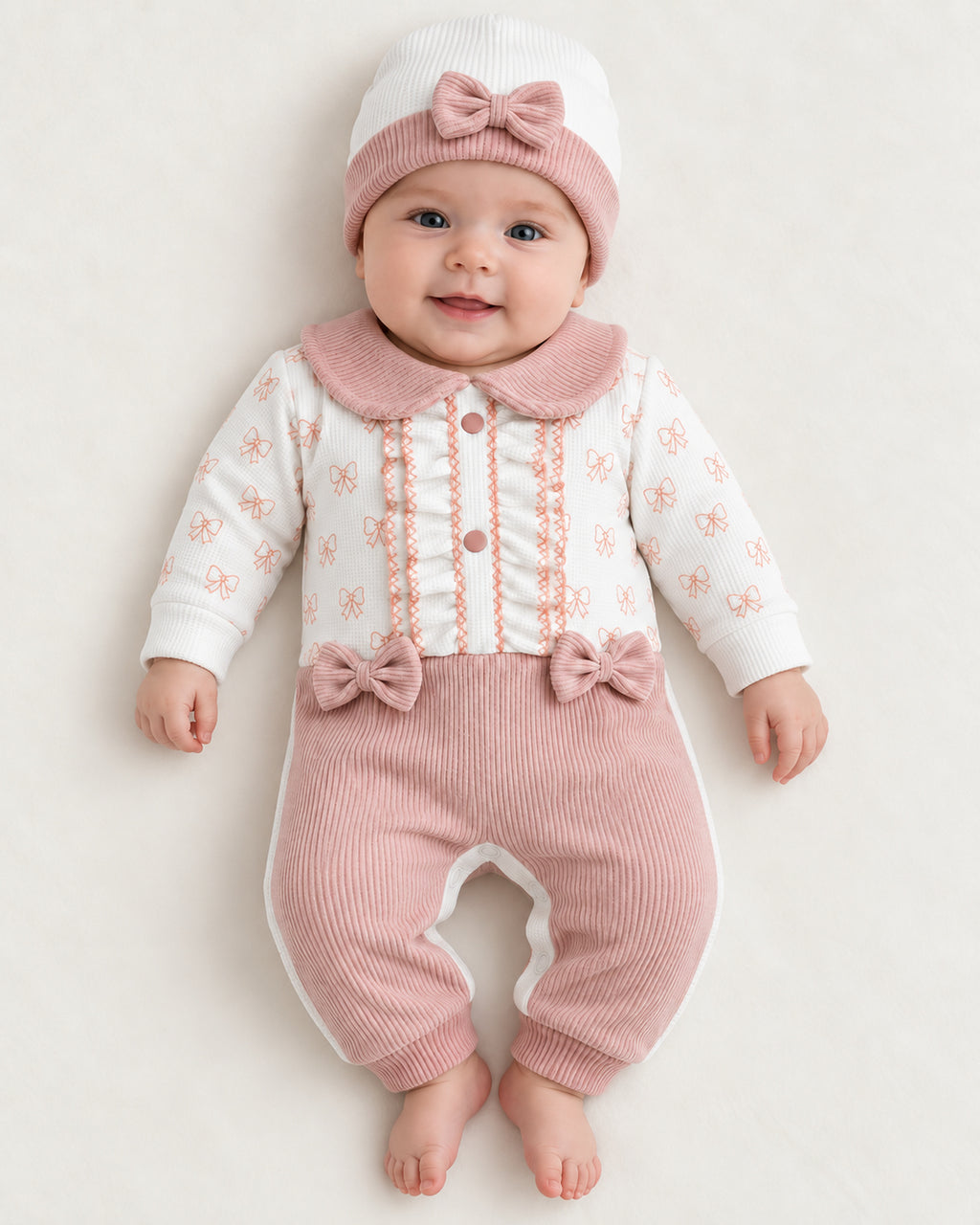Dusty Rose baby bow set, sleepsuit worn by an infant