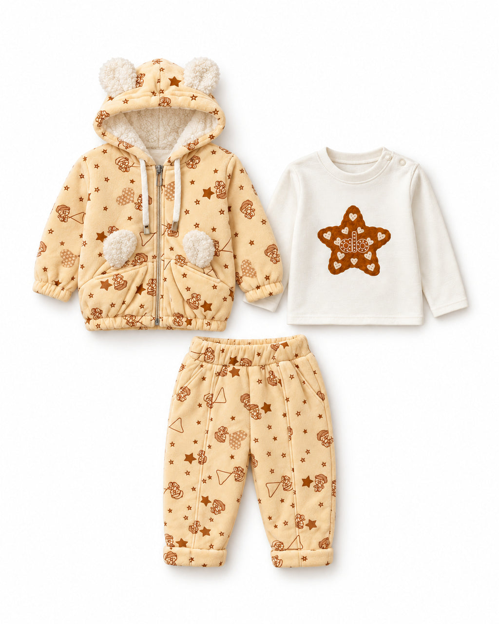 Beige three-piece baby outfit, complete star-print set