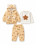 Beige three-piece baby outfit, complete star-print set