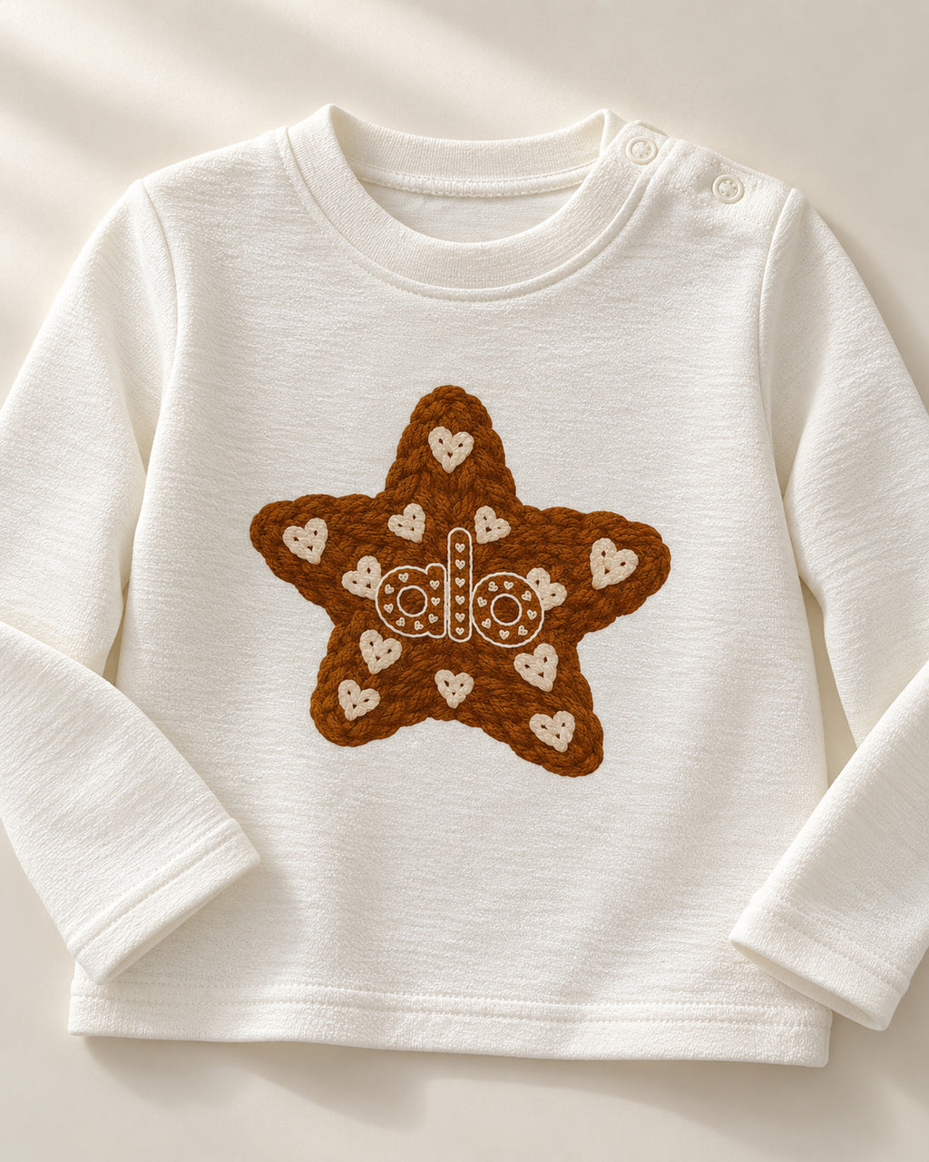 Ivory baby top, brown star print and shoulder snaps