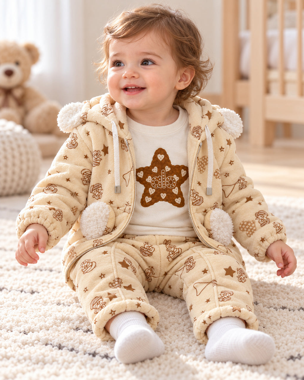 Beige baby outfit, baby wearing the three-piece star set