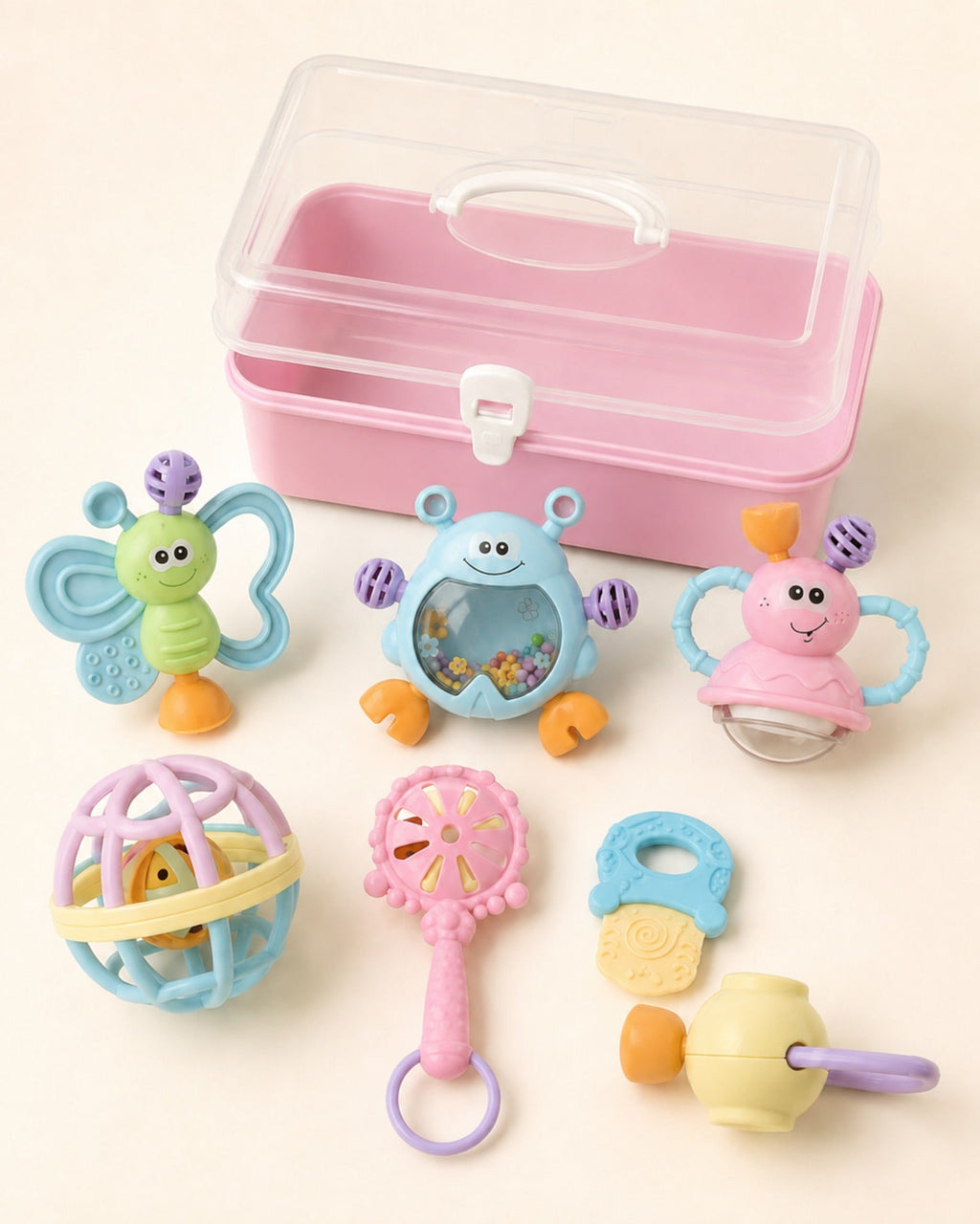 Seven-piece baby rattle box — Rose composition