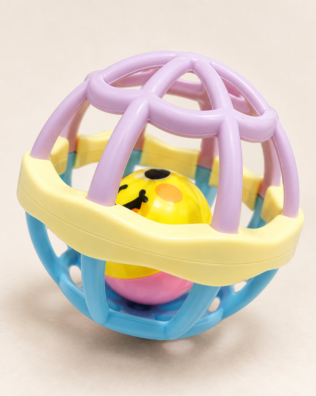 Seven-piece baby rattle set, cage rattle construction detail