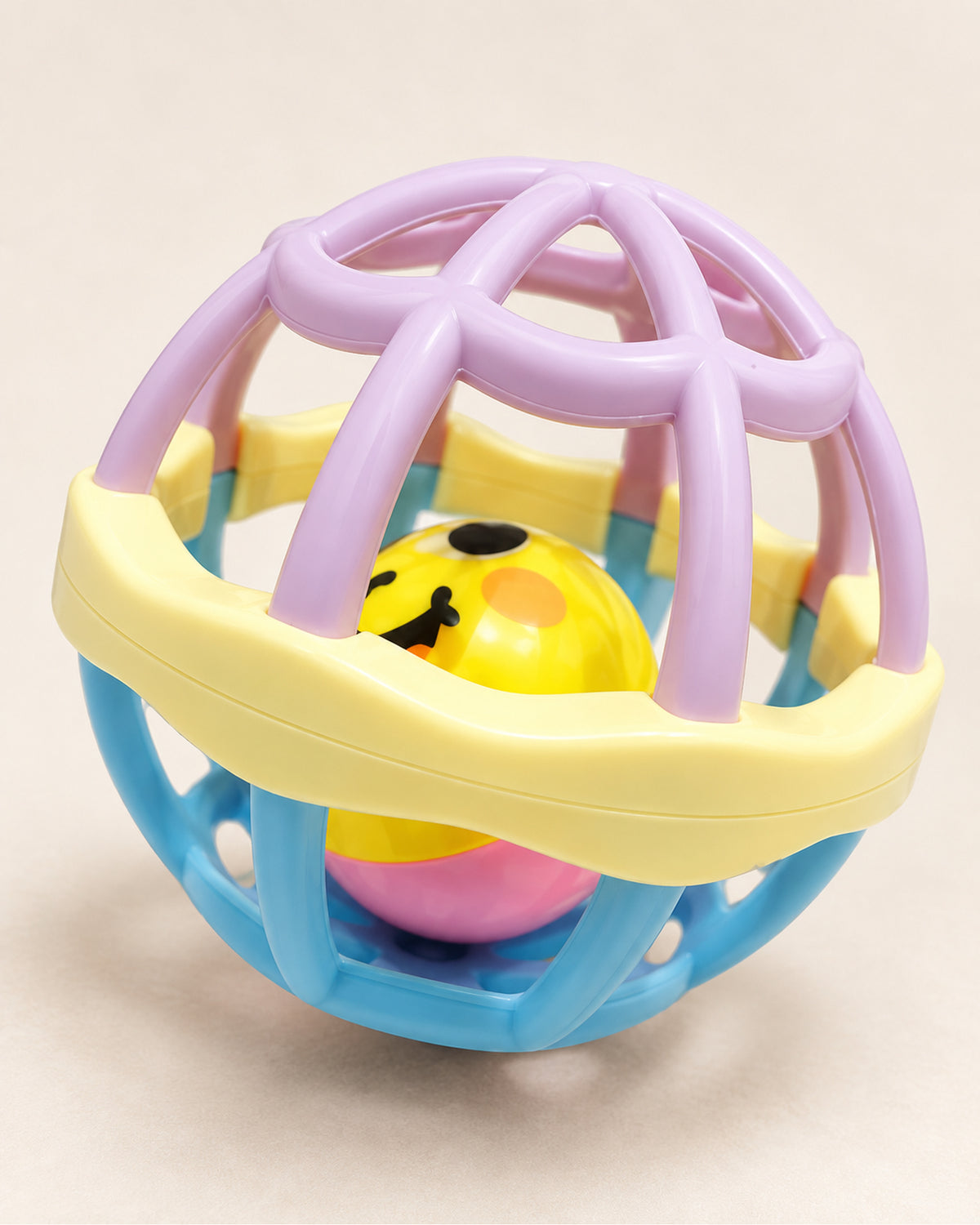 Seven-piece baby rattle set, cage rattle construction detail