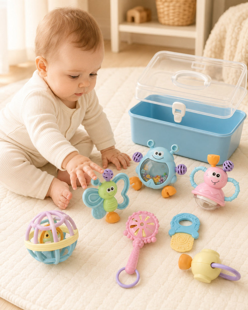 Seven-piece baby rattle set — supervised floor-play usage