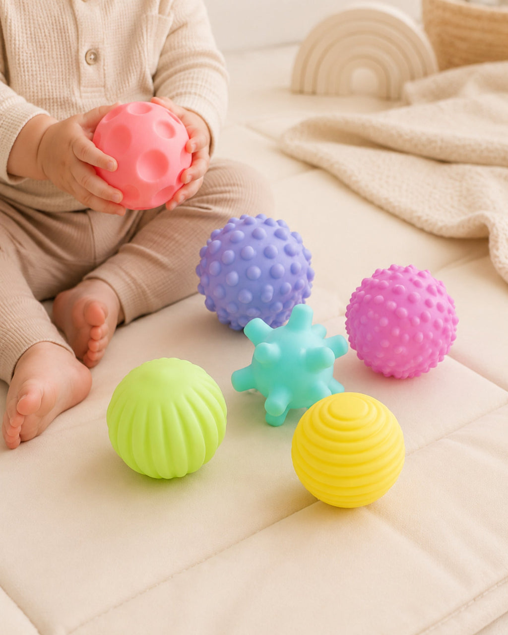 Six-piece soft sensory shape set — supervised floor-play usage